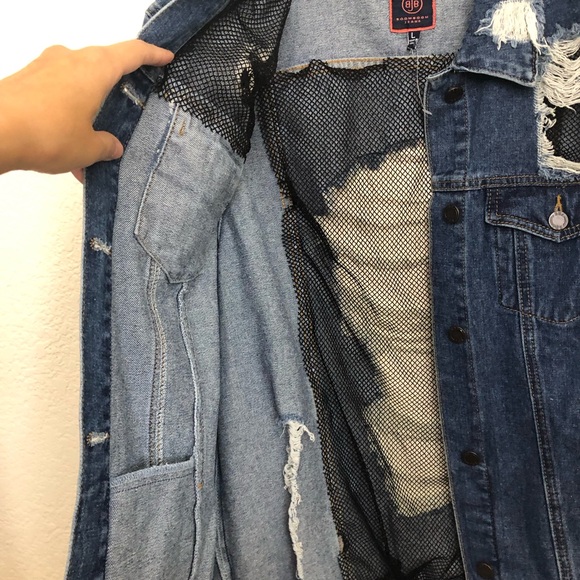 BOOM BOOM JEANS Womens Large Denim Jean Jacket Fishnet Cutouts Destroyed NWOT - Picture 7 of 14